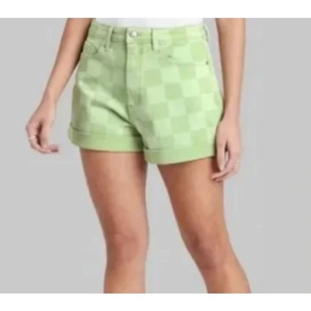Wild Fable High Rise Mom Green on Green Checker Shorts Women’s Size 12 NWT